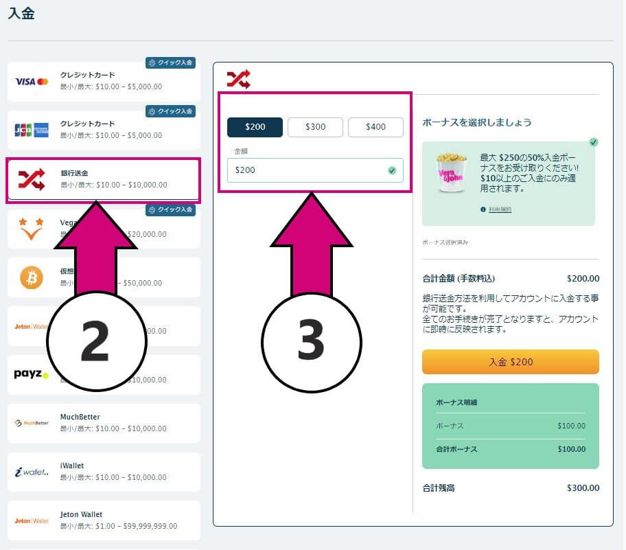 バウチャー購入 (銀行送金)の入金画面